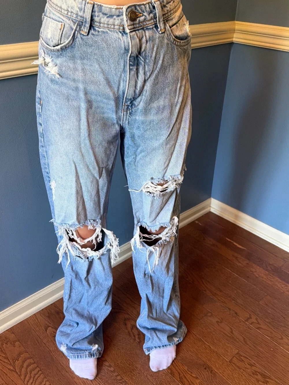 Zara Light Blue Ripped Straight-Leg Jeans